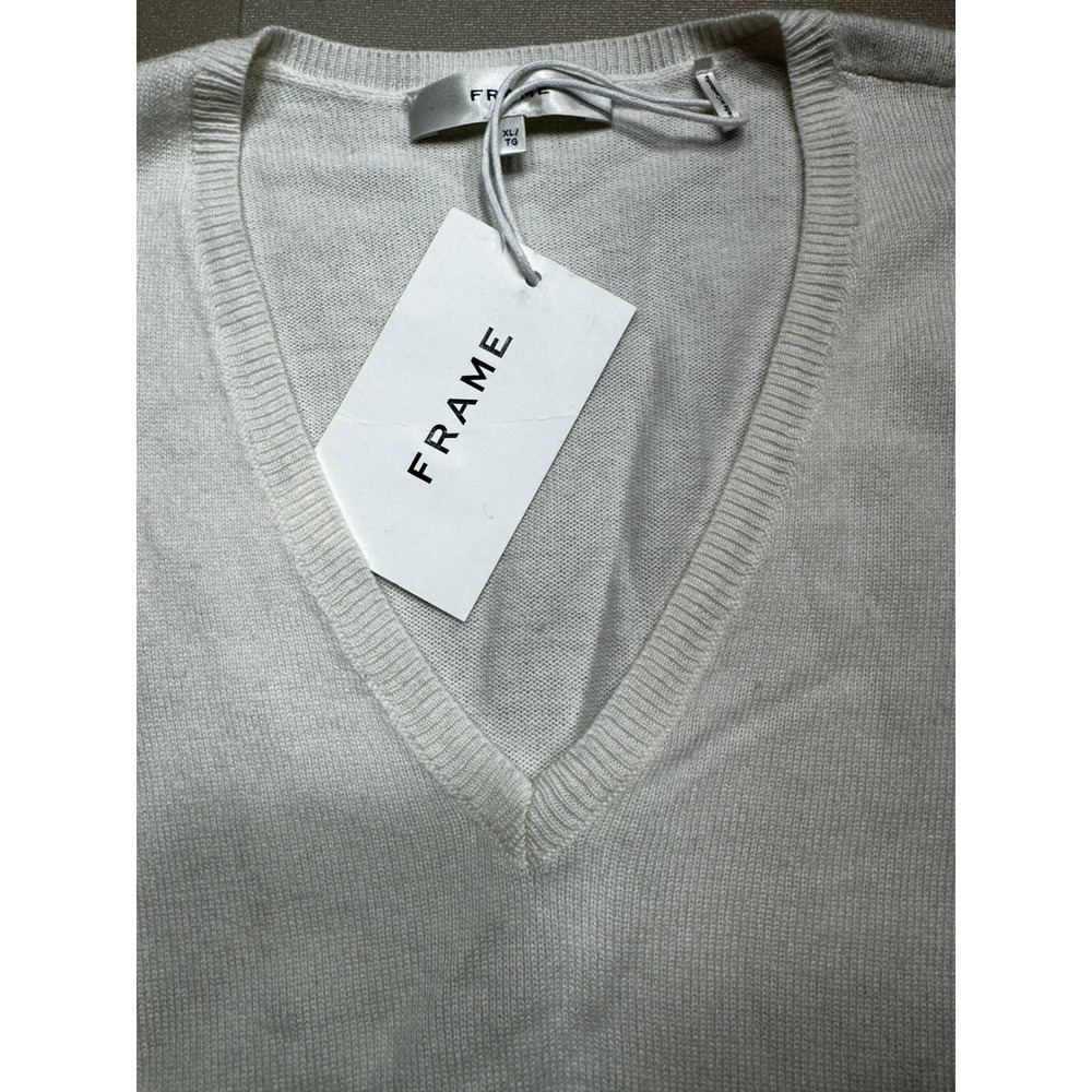 NWT FRAME Frankie Cream Wool Cashmere Blend Puff Sleeve V-Neck Sweater MSRP:$448 - Picture 3 of 11